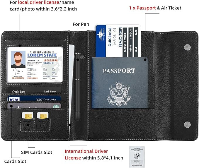 WALNEW RFID Passport Holder Travel Organizer, Fits International Driving Permit (IDP), PU Leather Document Holder for One Passport, Stylish Travel Accessory, Black
