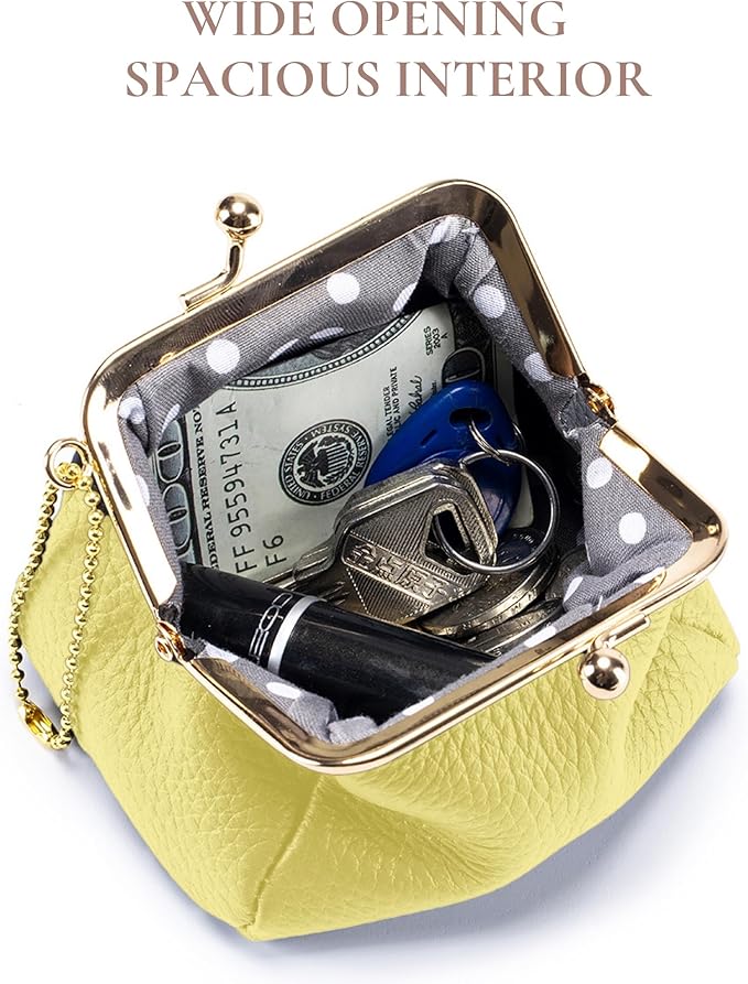 Genuine Leather Lipstick Holder Case, Cute Coin Purse for Women, Small Vintage Kiss Lock Jewelry Storage Organizer Change Bag Pouch (Lemon Yellow)