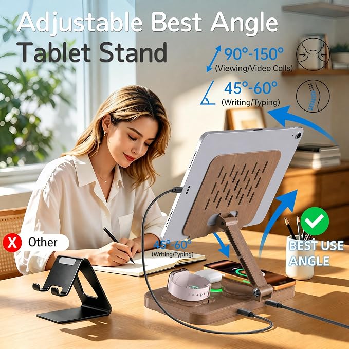 Magnetic Charging Station for Apple Multiple Devices, Wireless Charger with Clock & Light, Foldable Wired Charging Stand for iPad/Tab, Mag-Safe Charger for iPhone 17, for Apple Watch for AirPods