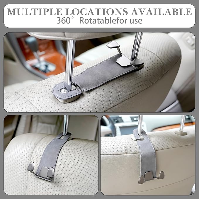 Adorila 2-Pack Car Headrest Hooks | 2-in-1 Vegan Leather Purse Hanger & Phone Holder | Automotive Seat Back Organizers for Bags, Hats or Groceries (Grey)