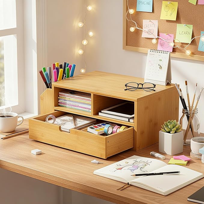 Hiceeden 2 Tier Bamboo Desktop Organizer, Desk Monitor Stand Riser with 1 Drawer and 2 Pen Holder, 2 Compartment Computer Desk Storage Organizer for Laptop, Printer