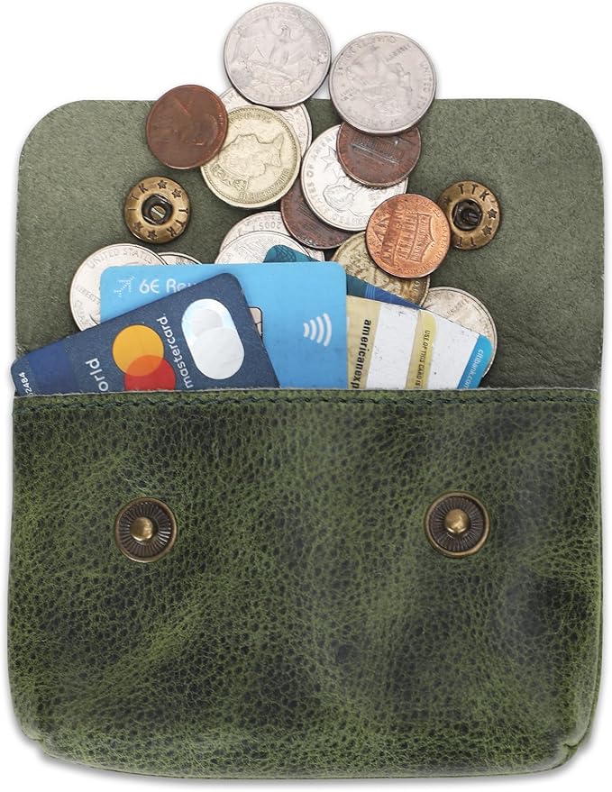 Leather Double Coin Pouch Premium Cash & Card Holder Compact Cable Organizer Travel Makeup Bag, Handmade Artisan Craft Vintage Leather Accessories Multipurpose Wallet & Organizer (Green)