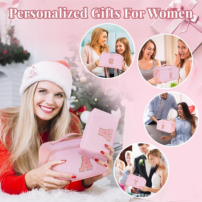 Initial Makeup Bag, Portable Water-resistant Monogram Cosmetic Bag Set, Travel Toiletry Bag with Brush Holder, Personalized Gifts for Friend Teacher Mom Wife, Pink A
