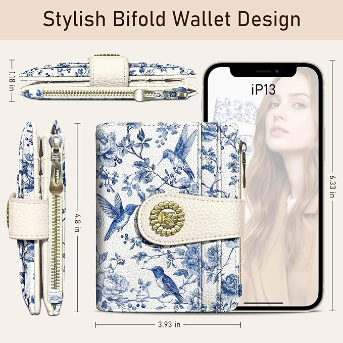 Kelvoris Bird Small Rfid Women Wallet Bifold Zipper Coin Pocket PU Leather Compact Cash Credit Card Holder Travel Wallet for Female Ladies Teen Girls 1 ID Window 10 Card Slots