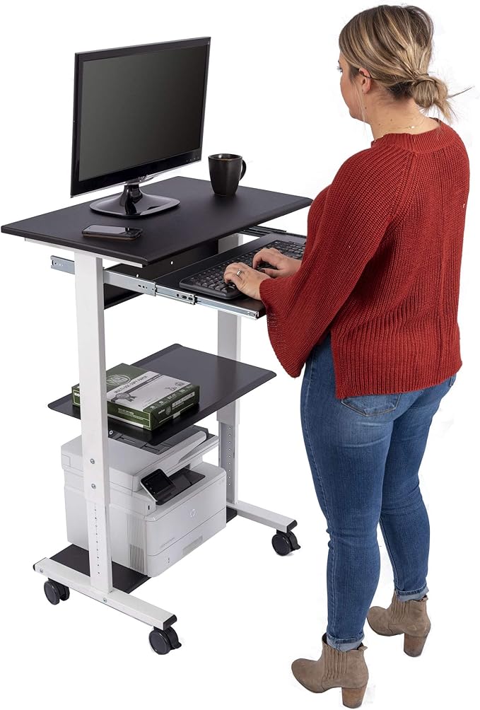 Stand Up Desk Store Mobile Rolling Adjustable Height Standing Workstation with Printer Shelf and Slideout Keyboard Tray (White Frame/Black Top, 30" Wide)