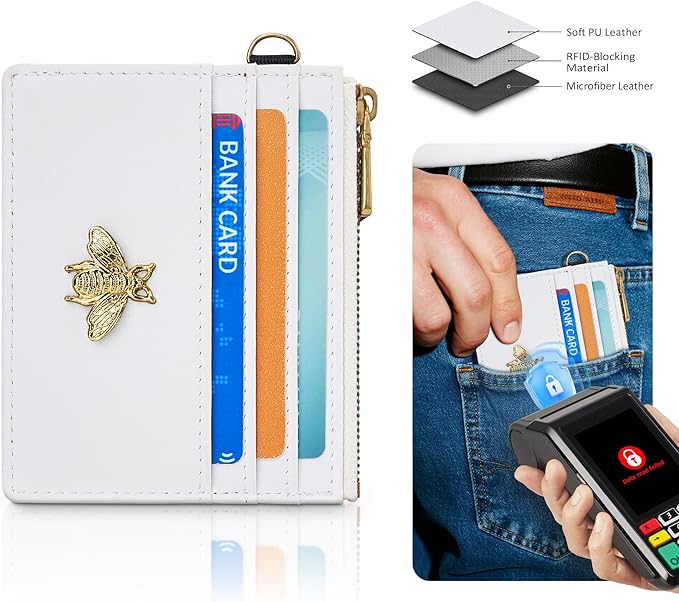 SEAVILIA Card Holder Keychain Wallet for Women with ID Window RFID Coin Purse Bee Gifts Slim Minimalist Small Wallet