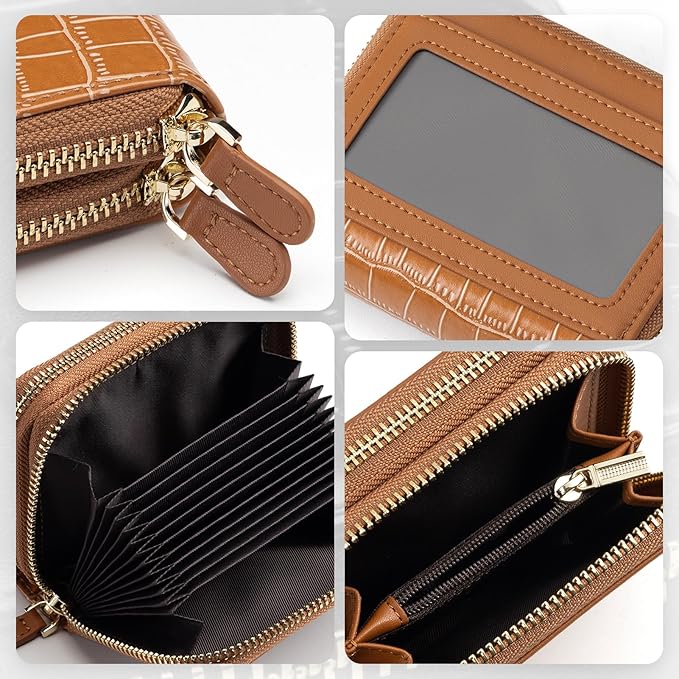Vulkitty Zipper Credit Card Holder for Women, Leather RFID Blocking Card Wallet, Card Case for Female, Ladies Wallet with Zip Coin Pocket, Dark Brown