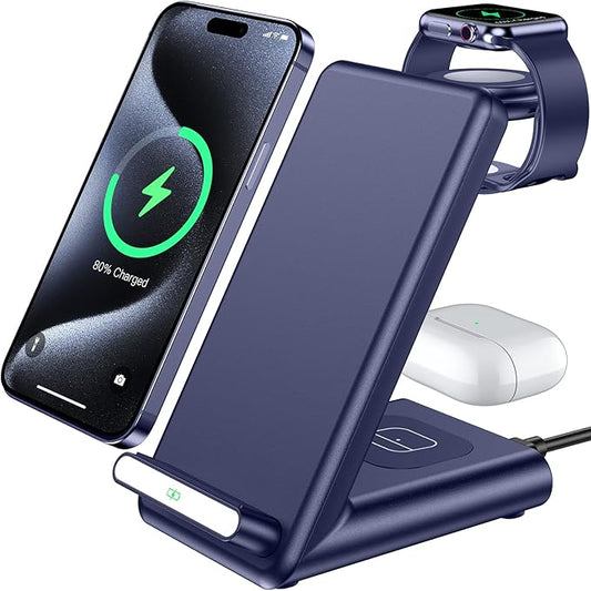 Wireless Charging Station,3 in 1 Charging Stand Made for Apple Watch Ultra 11 10 9 8 7 6 SE 5 4 3,Fast Wireless Charger Made for iPhone 17/Air/16/15/14/13/12/11,for AirPods Pro 3(with Adapter) (Blue)