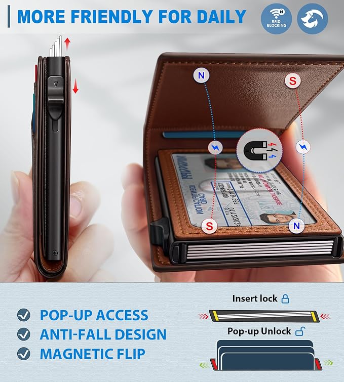 Wallet for Men, Slim Pop Up Card Holder with RFID Blocking, Minimalist Bifold Wallet with 9 Card Slots, ID Window and Cash Pocket, Metal Flip Case with Magnetic Closure, Gift Box