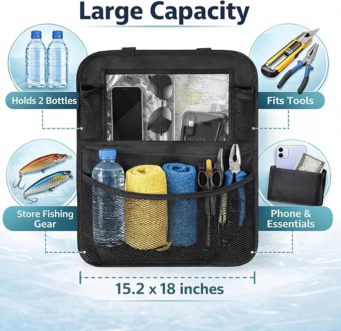 Boat Seat Organizer, Waterproof Marine Storage Bag with Mesh Pockets, Large Capacity Backseat Storage for Boat Accessories, Fishing Gear, Tools