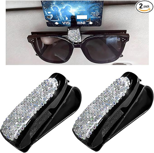 Dickno 2 PCS Bling Sunglasses Holder for Car Sun Visor, Crystal Rhinestones Eyeglasses Hanger Mount with Ticket Card Clip, Universal Vehicle Visor Decor Accessories for Women (AB)