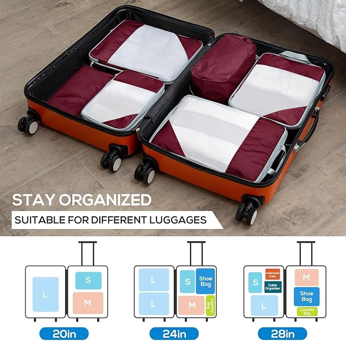 Compression Packing Cubes, 7 Set Packing Cubes for Travel Compression, Lightweight Compressible Package Organizer for Carry On and Suitcases, Wine
