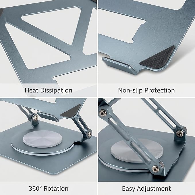 360 Rotating Aluminum Laptop Stand, Adjustable & Foldable Ergonomic Computer Stand, Compatible with MacBook, iPad, Dell, HP up to 16 Inches for Home & Office, Gray