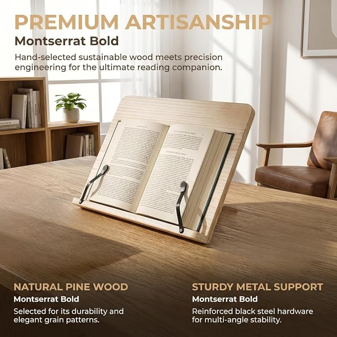Adjustable Wooden Book Stand 8 Height Levels, Ergonomic Reading Holder for Cookbook Textbook, Foldable Desktop Book Stand with Page Paper Clips, Portable Hands-Free Stand for Kitchen Office