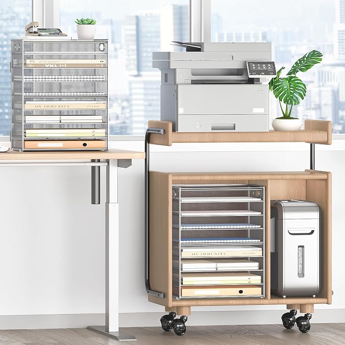 SUBEKYU 9 Tier Paper Organizer for Desk - Metal Mesh Letter Tray File Paper Sorter Organizer Include 6 Pcs Adjustable Height Slid Tray with Handles for Office School Home Organization Storage, Silver