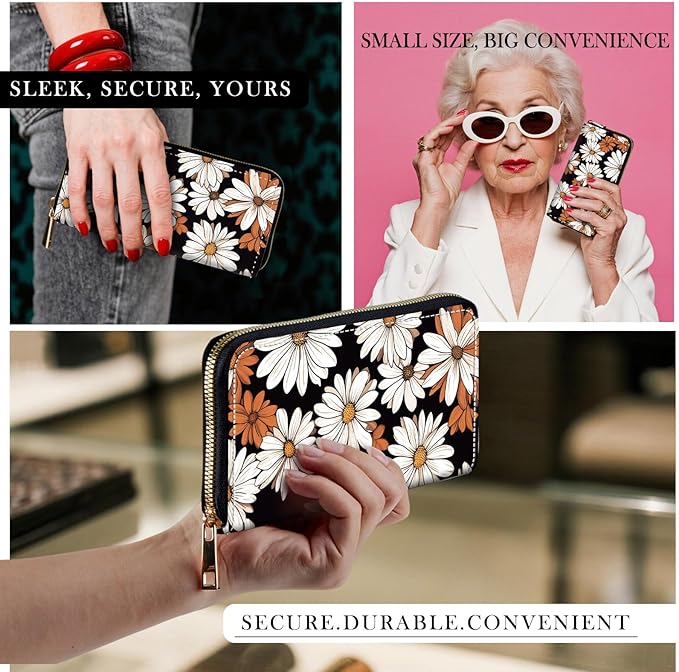 RFID-Blocking Zip Around Wallets for Women with Detachable Wrist Strap,Large Capacity Phone Holder with Card Organizer & Coin Pocket,White Flower Daisy