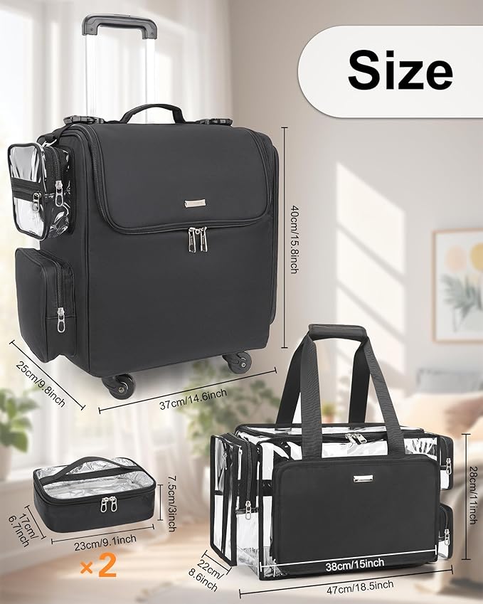 Relavel Rolling Makeup Train Case with Large Clear Makeup Bag, Hairstylist Traveling Bag with 4 Wheels, Cosmetic Storage Organizer Hair Stylist Travelling Bag with Adjustable Dividers & Shoulder Strap