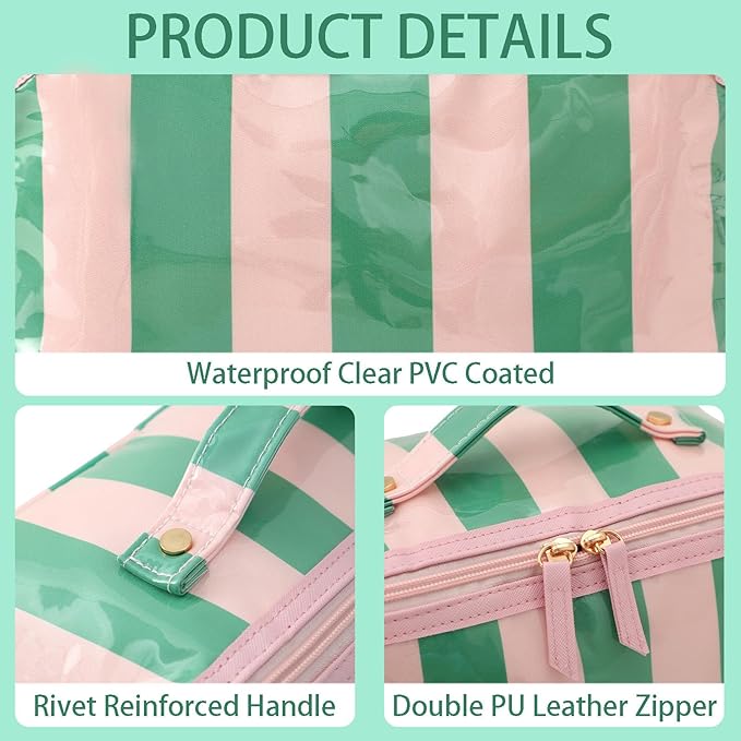 DYSHAYEN Stripe Travel Makeup Bag with Compartments Clear Coated Cosmetic Bag for Women, Waterproof Portable Open Flat Toiletry bag （Pink-Green）