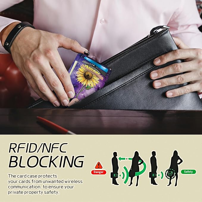 Small Travel Wallets, Sunflower Yellow Purple Galaxy Slim Minimalist Front Pocket Wallet with Wristlet, RFID Blocking PU Leather Credit Card Holder with ID Window Change Purse for Men Women