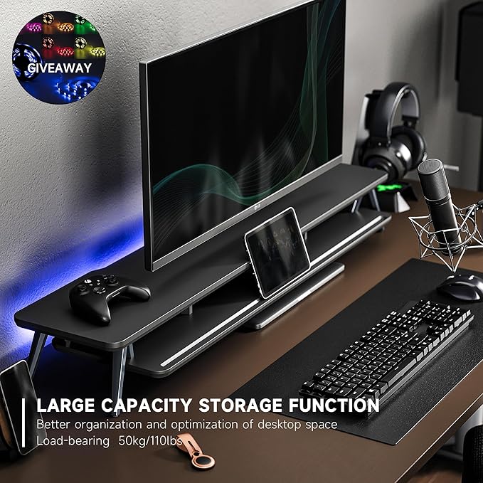 Fenge Dual Monitor Stand, Monitor Stands Riser for 2 Monitors, 42.5 Inch Monitor Stands Shelf with 12 Color LED Light for Office Desk