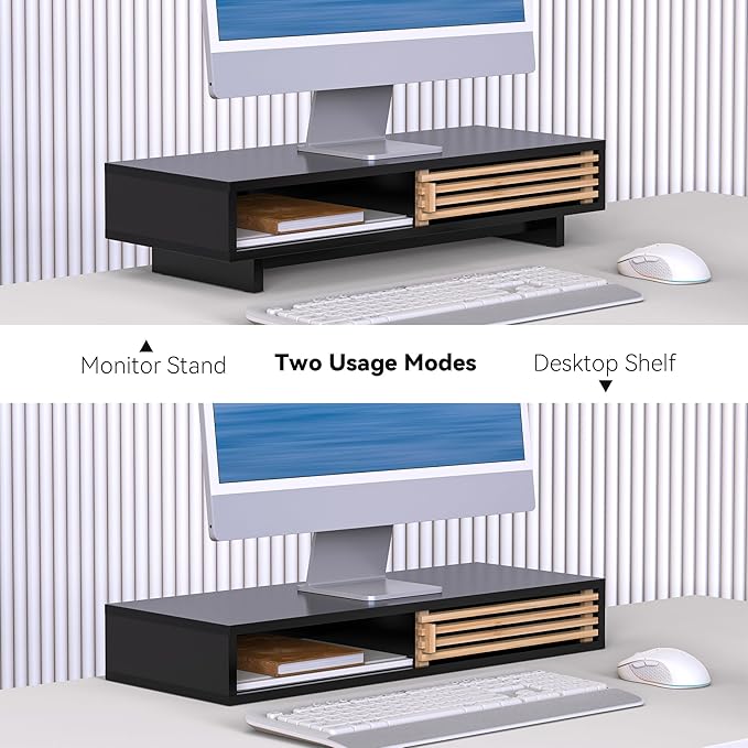 Monitor Stand with Sliding Bamboo Doors, 25 Inch Heavy Duty Wood Computer Monitor Riser, Ergonomic Desk Organizer with Storage & Keyboard Tray, Natural & Black