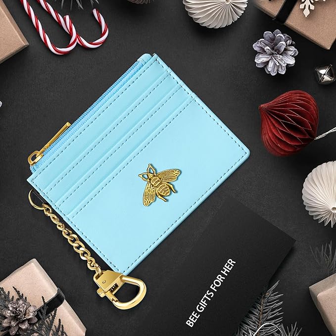 SEAVILIA Card Holder Keychain Wallet for Women with ID Window RFID Coin Purse Bee Gifts Slim Minimalist Small Wallet