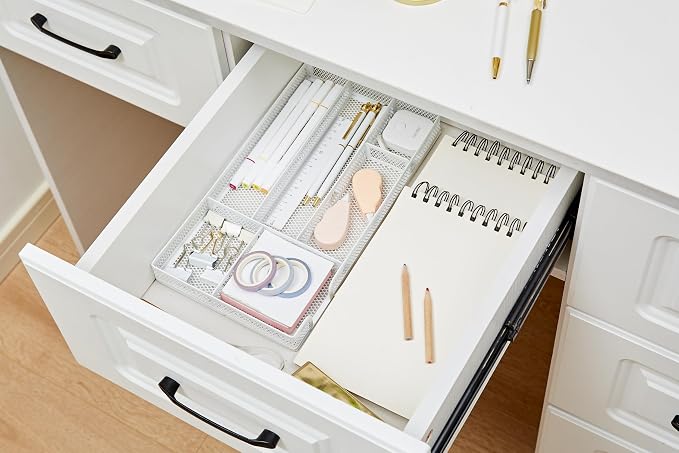 Annova Desk Drawer Organizer Tray for Office Organization - Metal Mesh - Storage Tray with Dividers for Pens, Desktop Accessories, Bathroom, Kitchen, Makeup and Office Supplies (Small, White)