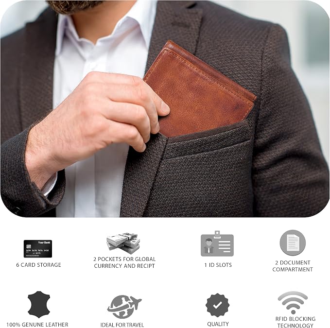 Tri fold Leather Wallet for Men with RFID | Slim Wallets for Men with 1 ID and 6 Credit card slots | Front Pocket Minimalist
