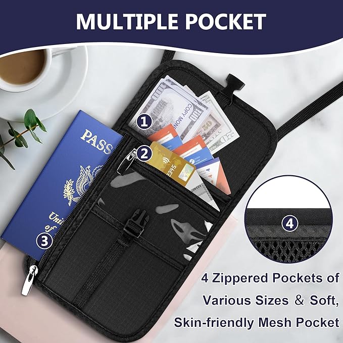 Likesing 5.9" L x 8" W Travel Neck Wallet, RFID Blocking Passport Holder for Travel Women Men, Security Passport Wallet with Buckle, Neck Pouch Gifts for Traveling Family (Black)