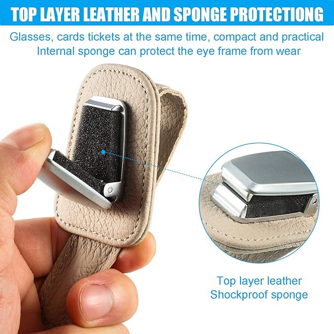 Mudder 2 Packs Sunglasses Holder for Car Universal Visor Sunglasses Holder Clip Leather Eyeglasses Hanger and Ticket Card Clip Eyeglasses Mount for Car(Beige)