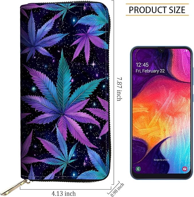RFID Blocking Leather Wallet for Women – Large Capacity Zip Around Clutch with 8 Card Slots,30 Cash Pockets & Coin Zipper,Weed Leaf Pattern