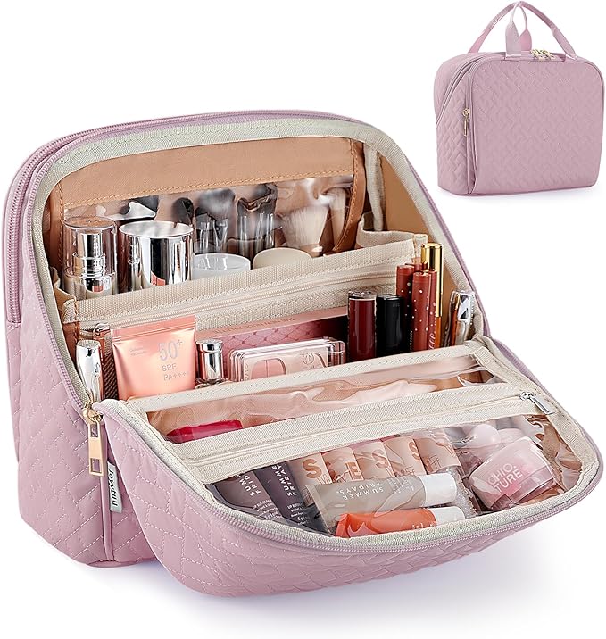 Standing Makeup Bag, Large Capacity with Room for Brushes and Mirror, Travel Makeup Organizer, Portable Stand Up Make Up Case, Waterproof Cosmetic Toiletry Bags with Handle, Color Dusty Purple