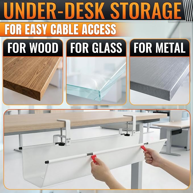 Under Desk Cable Management Tray 36" — No Drill Clamp-On Cord Organizer for Desk with Built-in Ties, Heavy Duty Metal Clamp, Foldable 600D Oxford Fabric for Home Office, WFH & Gaming PC Setup (White)