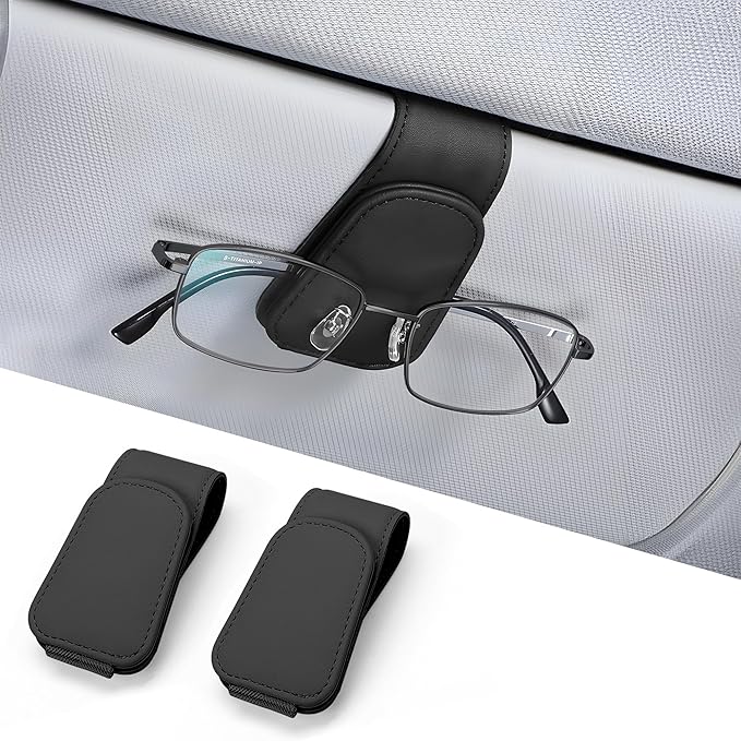 2 Packs Sunglass Holder for Car, Magnetic Leather Car Sunglass Holder, Visor Sunglasses Holder Clip, Sunglasses Clip for Car Visor, Sunglass Holder for Different Size Eyeglasses (Black)