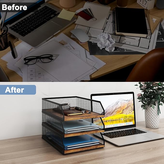 Natwind 3-Tier Stackable Metal Mesh Paper Organizer with Sliding Tray,Retro | Wooden Desk Organizer, Letter Tray For Desktop,File Holder For Home Office School Classroom Organization