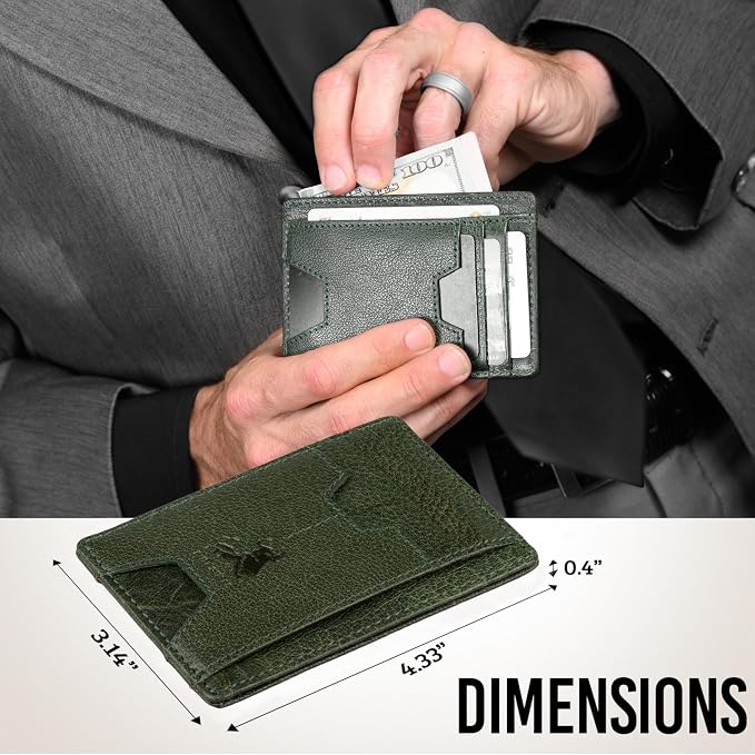 BULL GUARD Mens RFID Blocking Leather Slim Card Case Wallet with Easy Access ID windows, Cash & Card Slots, Crafted with Premium Top Grain Leather Ideal for Travel or Everyday Use (Wild Buffalo Green)
