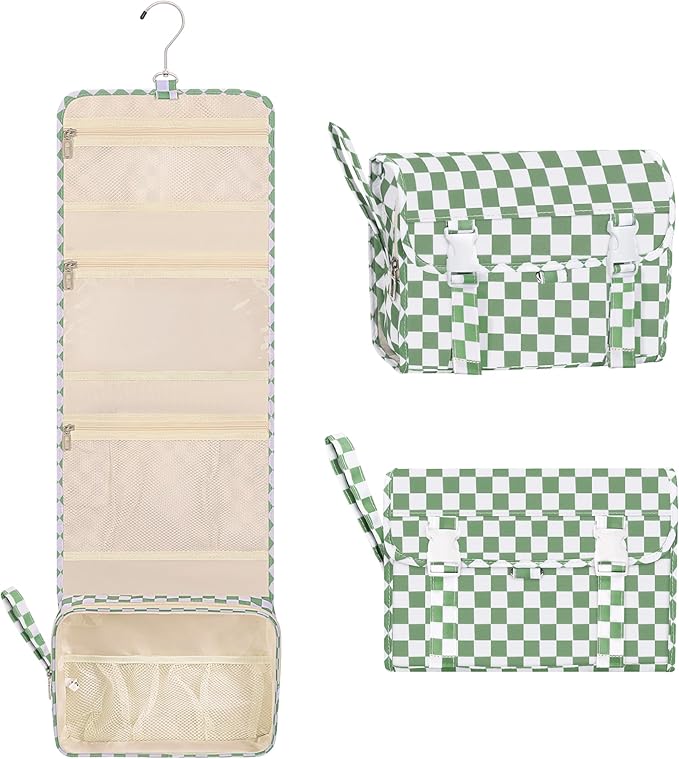 Relavel Travel Hanging Toiletry Bag for Women, Large Capacity Wash Bag with 360 degree Rotation Hanging Hook, Portable Toiletries Makeup Organizer Storage for Daily Use, Trip, Camping - Green Plaid