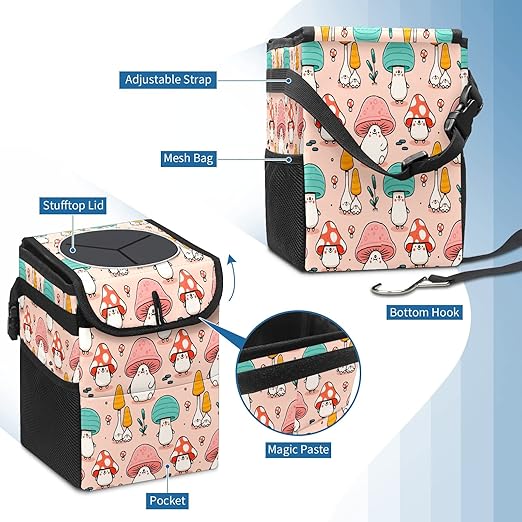 Car Trash Can Cute Mushroom Wate-rproof Auto Garbage Bag Car Trash Can with Lid Leak-Proof Car Storage Bag Hanging for Headrest Collapsible and Portable with Storage Mesh Pocket