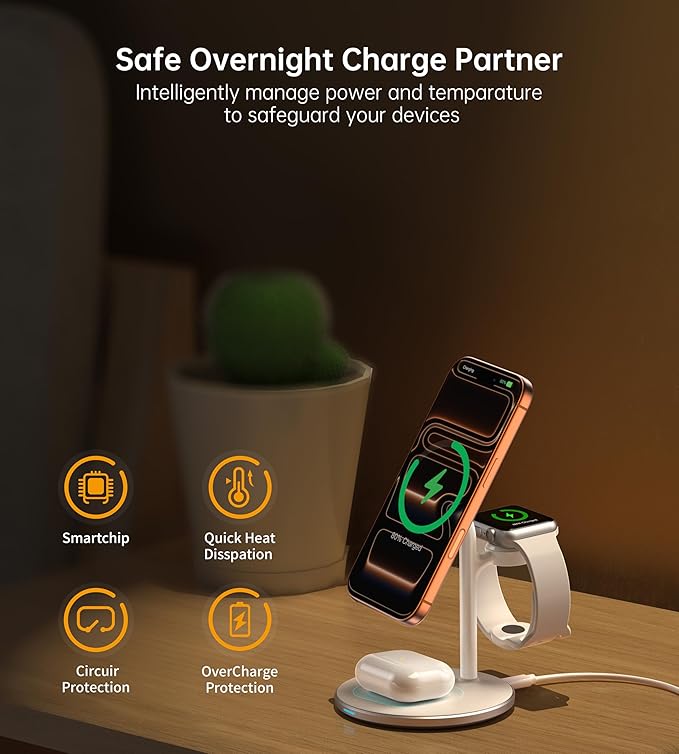 XooFly 3 in 1 Wireless Charging Station for Apple Devices, Fast Wireless Mag-Safe Charger Stand with 20W Adapter for iPhone 17 16 15 14 13 12 Pro Max/Air/Plus/Pro,iWatch,AirPods-Gift for Wife&Husband