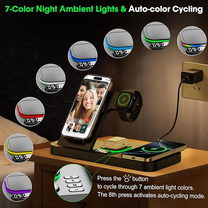 Dual Phone Wireless Charging Station for Apple Devices, Magnetic Charging Station for iPhone with Auto Switch 7-Color Light&Clock, Family Watch Charger for iPhone17 for iWatch11 for AirPods Pro3(Black