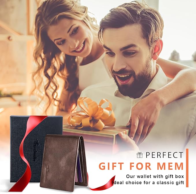 Travelambo Genuine Leather Wallet for Men with Gift Box - Handmade Bifold Stylish - Mens Wallets Rfid Blocking with 2 ID Windows