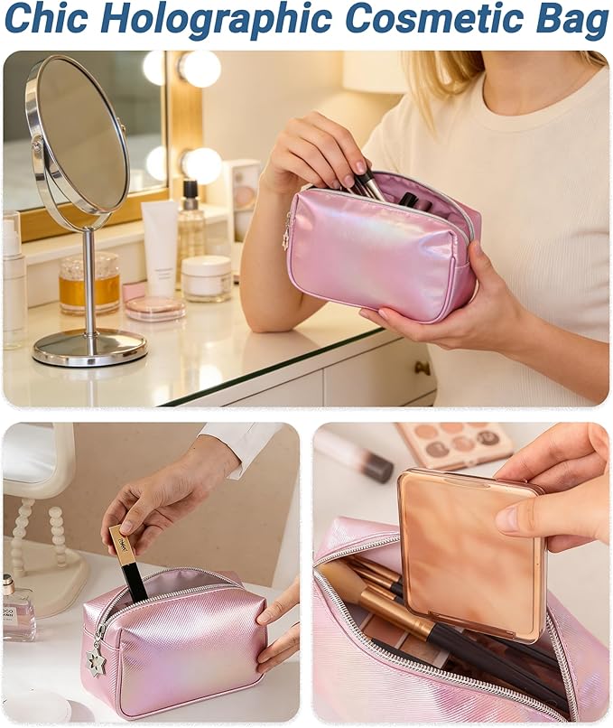 Small Makeup Bag，Travel Cosmetic Bag Organizer，Toiletry Bag with Zipper，Accessories Storage Bag for Women-Holographic pink