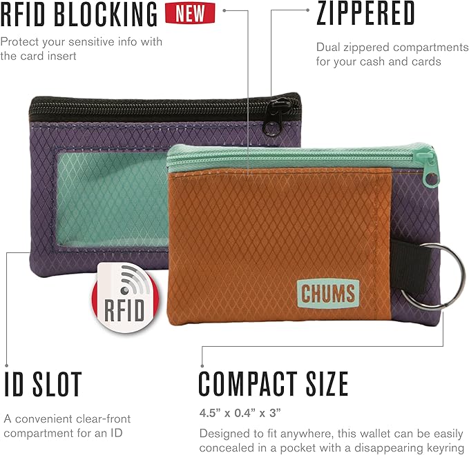 Chums Surfshorts Wallet - Lightweight Slim Wallet with RFID Blocking Card & Clear ID Window - Zippered, Water Resistant w/Key Ring