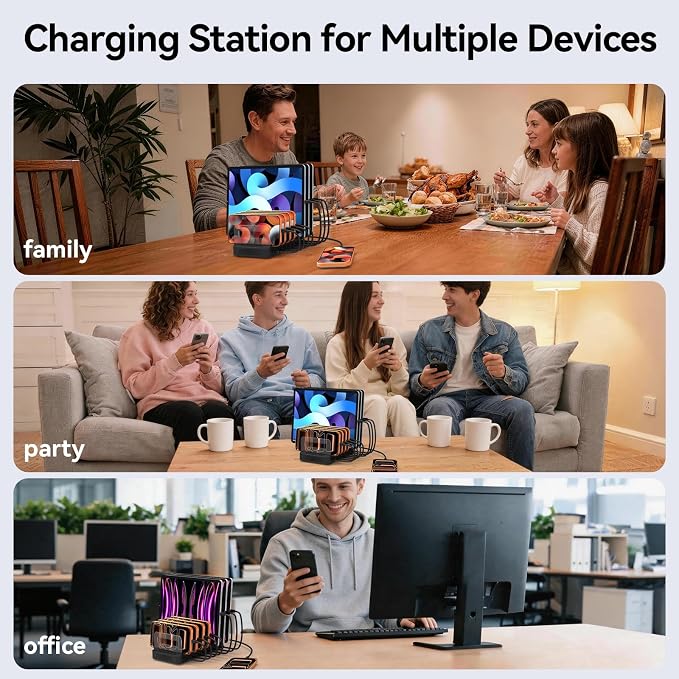 288W GaN 8-Port USB Charging Station, Retractable Cable with Cooling Fan & Detachable Organizer for MacBook, iPhone, iPad, Samsung, Laptop, Tablet - Black