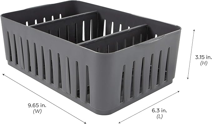 Simplify 4 Pack 3 Compartment Stackable Bin with Adjustable Dividers | Drawer Organizer | Storage Basket | Good for Office | Desk Supplies | Dorm | Bathroom | Accessories | Make Up | Grey