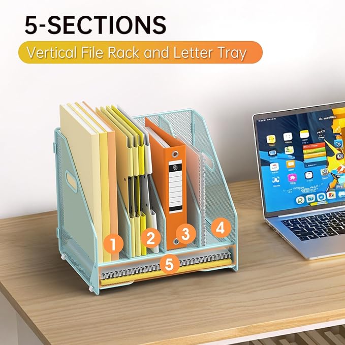 Docnest Desk File Holder Sorter, 4 Vertical Compartments Rack with Letter Tray, Mesh Magazine File Holder with Handle,Workspace Organizers,Desk Organizers for Paper, Mail, Documents-Blue