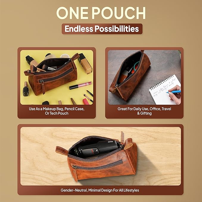 Leather Makeup Bag for Women – Genuine Leather Cosmetic Bag Travel, Handmade Zippered Makeup Pouch, Small Toiletry Bag, Shaving Kit & Stationery Organizer- Tan