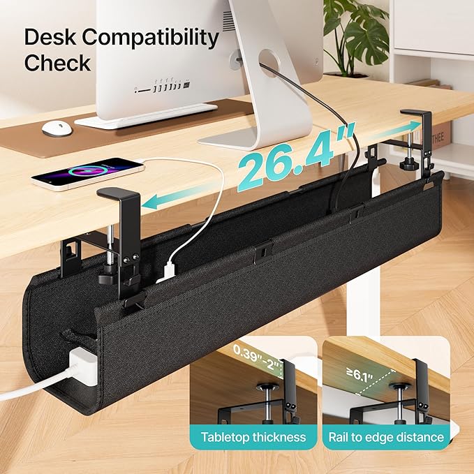 No Drill Under Desk Cable Management Tray, 31.5" Cord Management Under Desk for Table, Clamp Mount Desk Cable Management, Premium Fabric Wire Management Tray for Office, Home