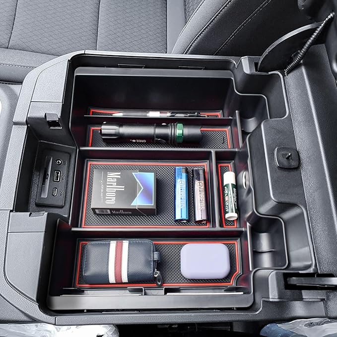 Center Console Organizer Compatible with 2019-2022 Chevy Silverado/Sierra 1500 and 2020-2023 Silverado/Sierra 2500HD 3500HD Accessories Armrest Full Size Tray,Full Console w/Bucket Seats ONLY,Red