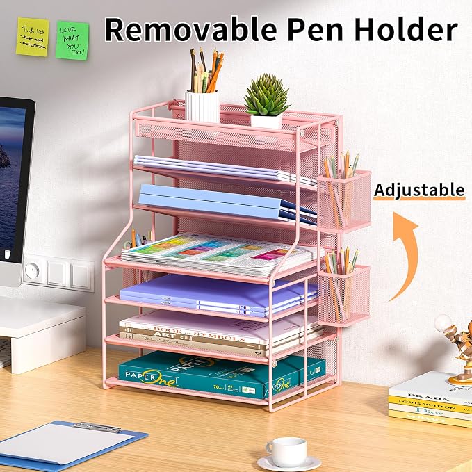 Pink 7 Tier Desk File Organizer, Metal Letter Tray Paper Organizer with Pull-Out Drawer, Removable Pen Holder & Hanging Basket, Vertical Desktop File Holder for Home Office, Classroom
